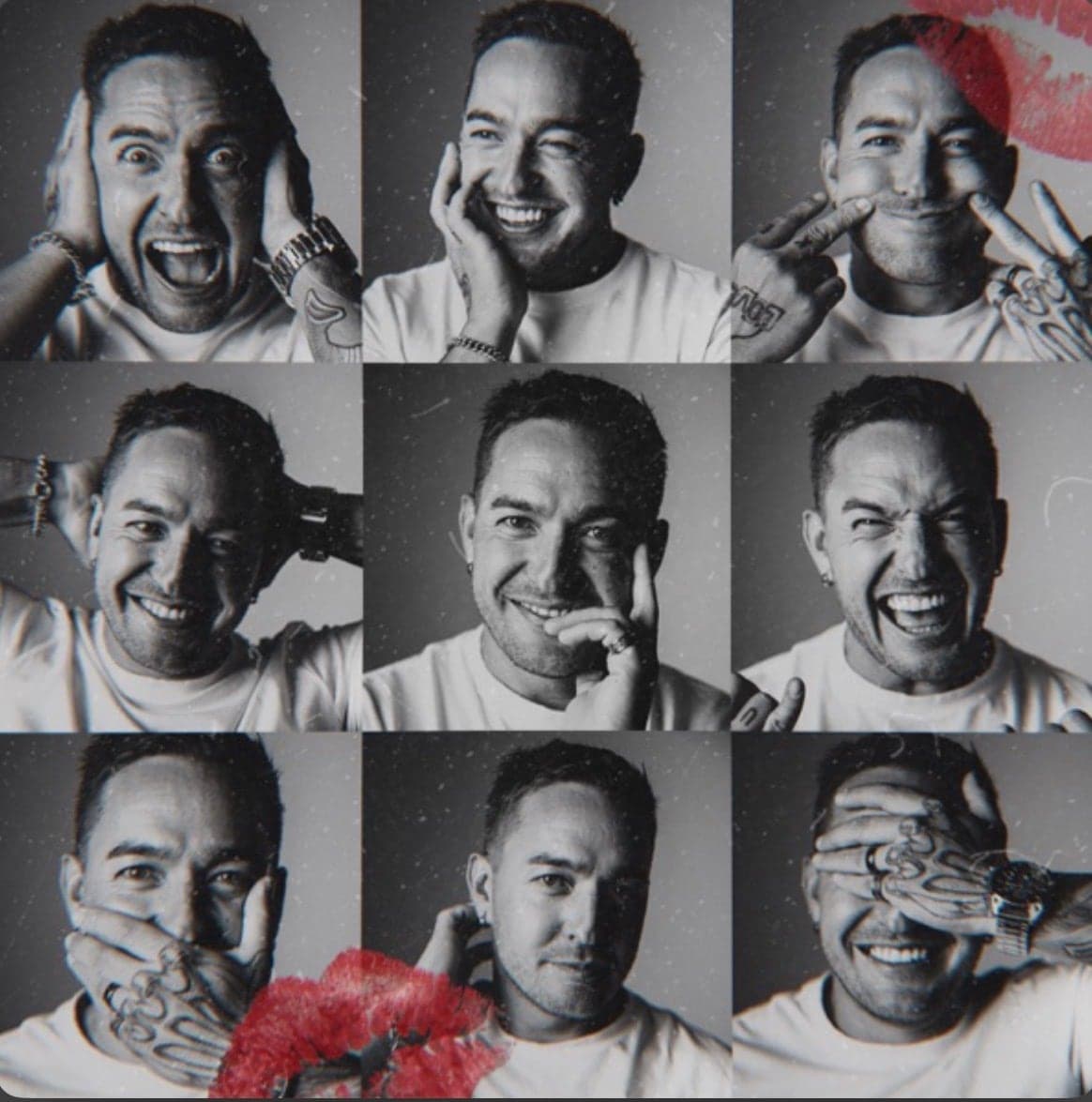 Cover artwork, a black and white grid of nine expressions